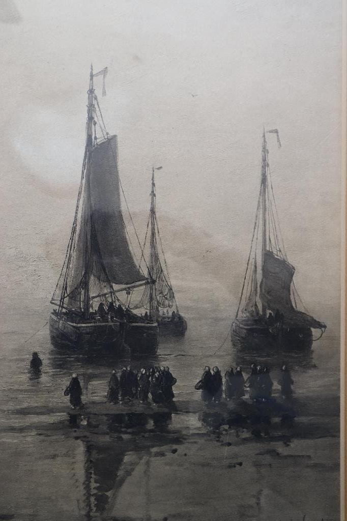 Ets "bomschuiten aan het strand" in de plaat gesig. "Mesdag", Ophalen