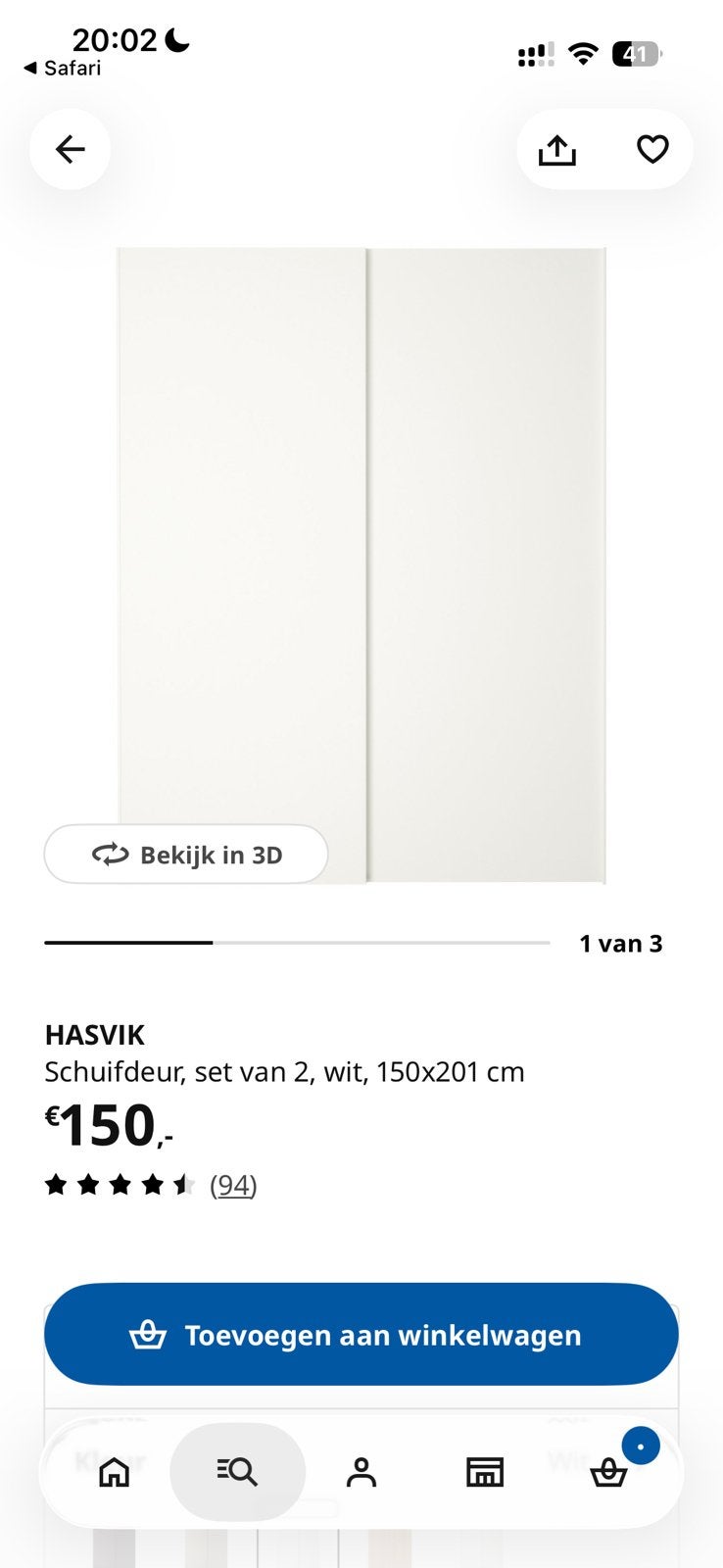 Ikea Hasvik schuifdeuren 150x201, Gebruikt, 200 cm of meer, 150 tot 200 cm, Ophalen of Verzenden