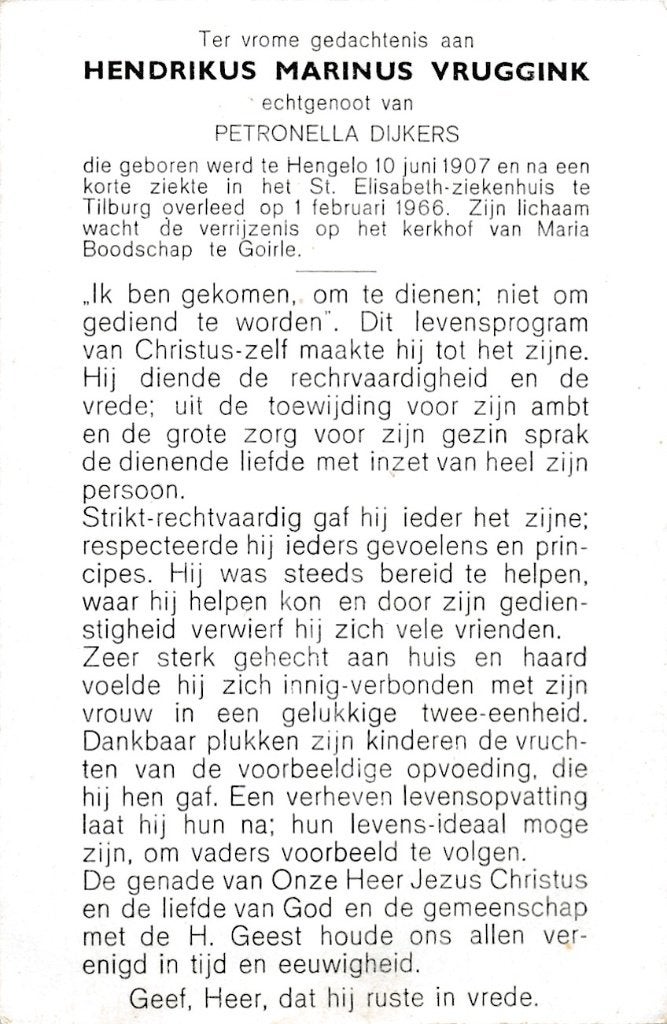 Vruggink Hendrikus 1907 Hengelo 1966 Tilburg, Ophalen of Verzenden, Bidprentje