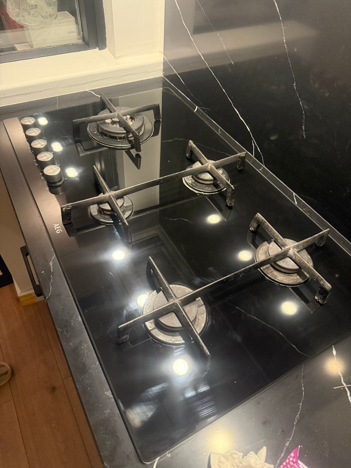 AEG Inbouw Gasfornuis - Zwart Glas 5 Kookzones, Ophalen, Gebruikt, Inbouw, Gas