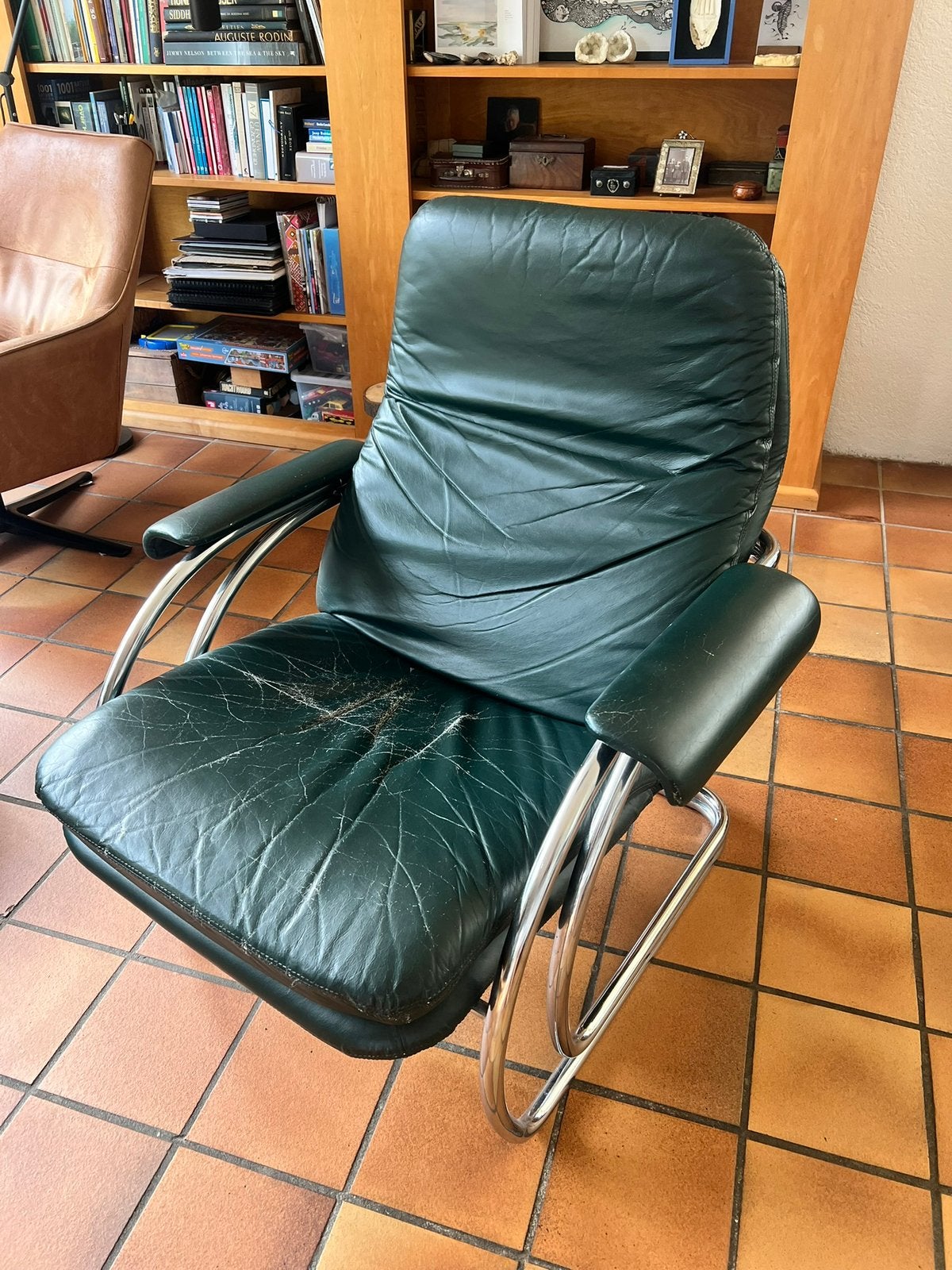 Vintage Jan des Bouvries fautieul , buisframe , leer., Ophalen, Gebruikt, 75 tot 100 cm, Modern