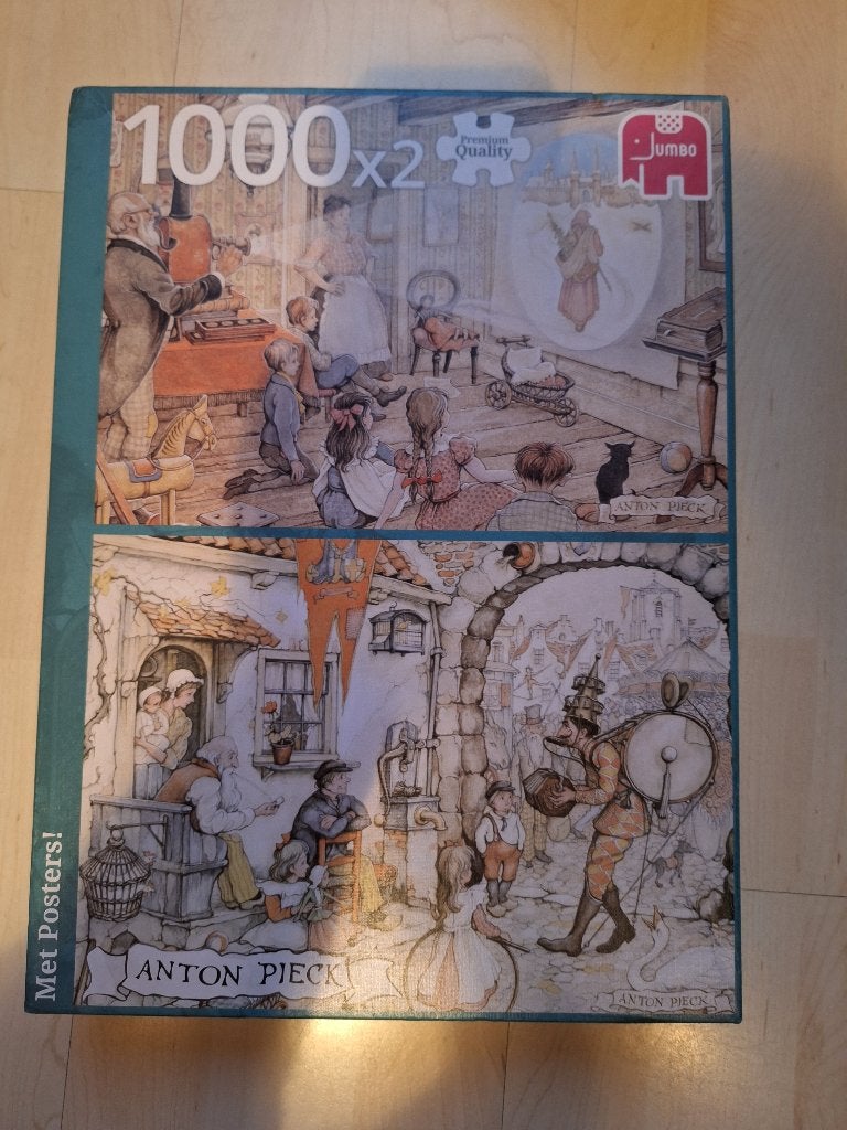 Legpuzzel Anton Pieck met poster 2 x 1000 stukjes, Ophalen of Verzenden, 500 t/m 1500 stukjes, Gebruikt, Legpuzzel