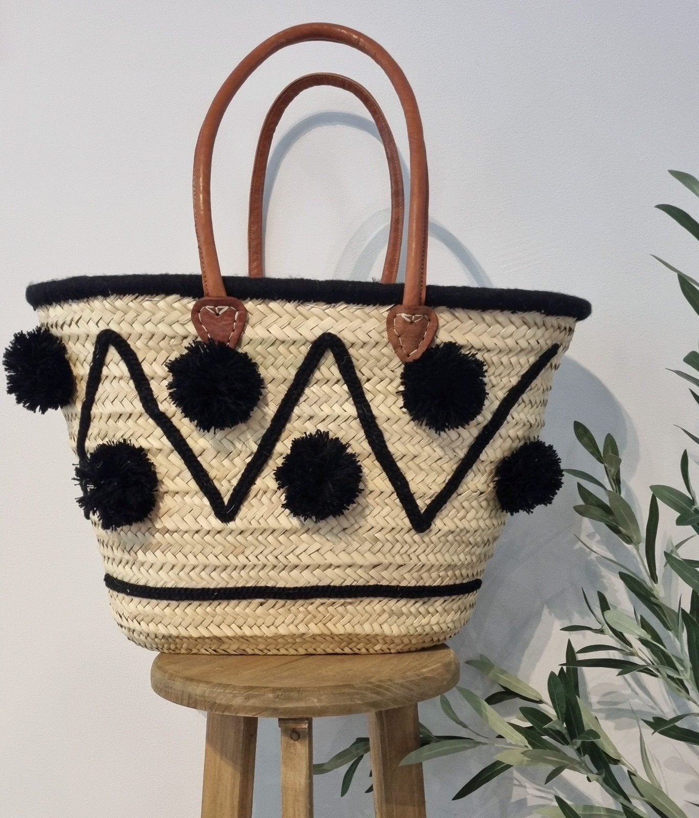 Stro strand tas met pompons en leren handvatten, Ophalen of Verzenden, Shopper