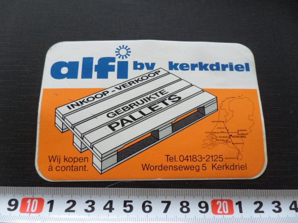 sticker Kerkdriel ALFI bv inkoop-verkoop gebruikte pallets, Ophalen, Zo goed als nieuw