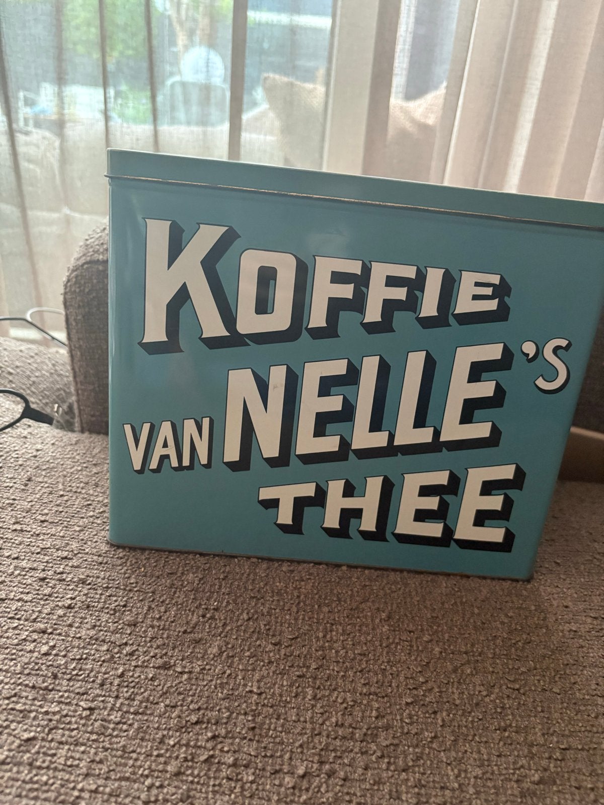 Prachtig Vintage Van Nelle Winkelblik – Turquoise Retro, Verzamelen, Blikken, Ophalen of Verzenden, Gebruikt, Koffie, Van Nelle