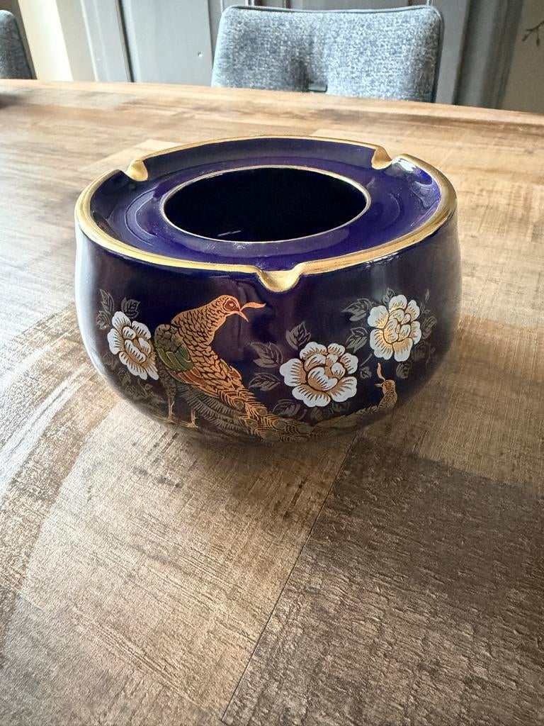 Vintage Kobaltblauwe Asbak met Gouden Pauw en Bloemen, Ophalen
