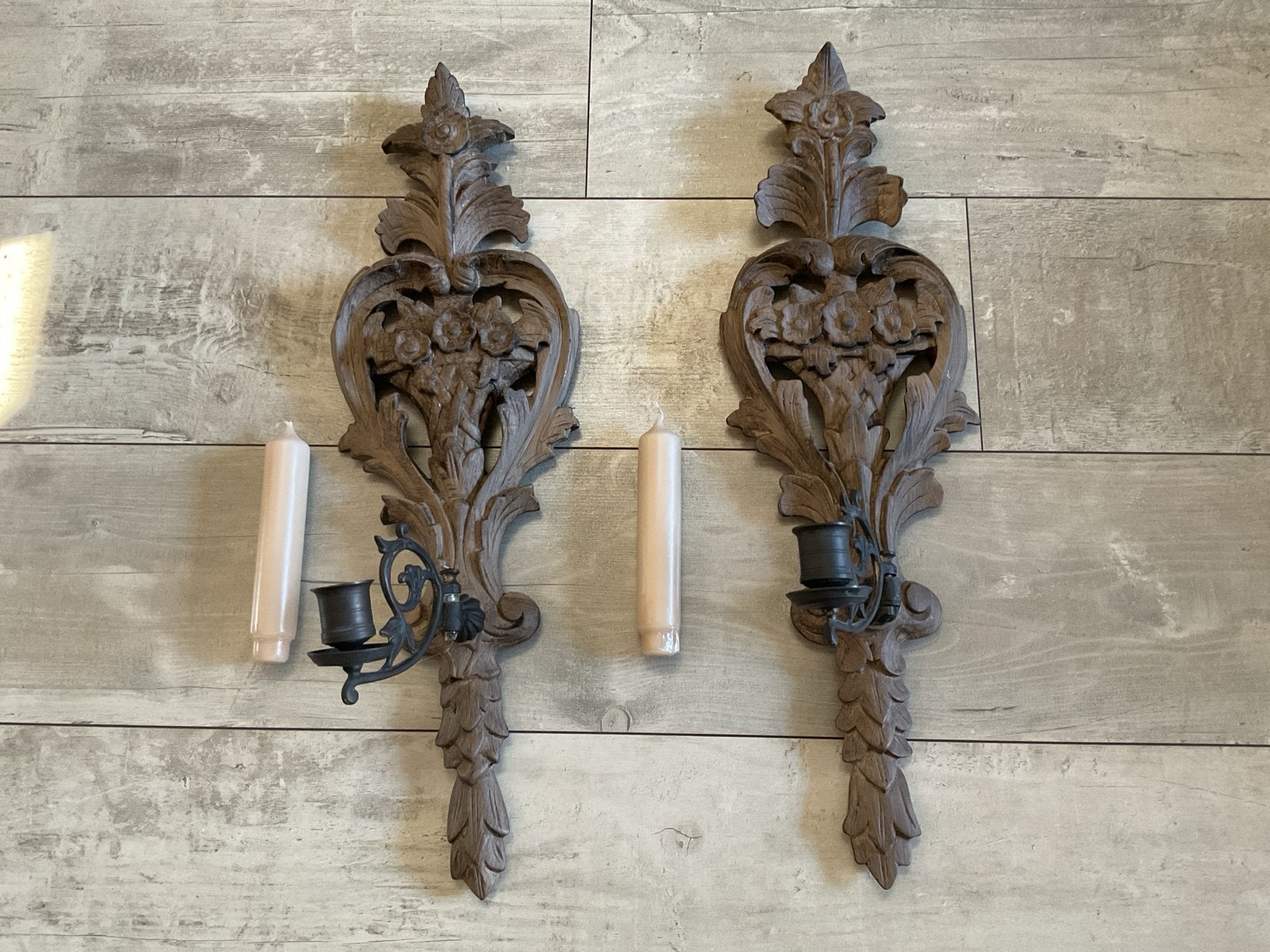 Set van 2 antieke houten wandkandelaars, handgesneden, Ophalen, Overige materialen