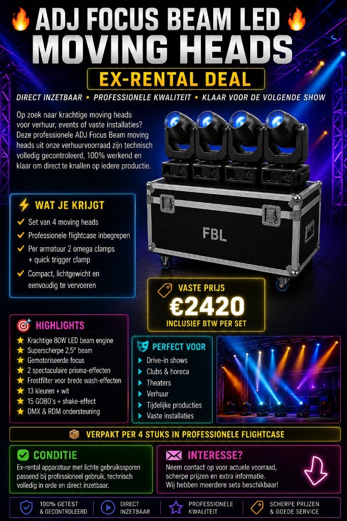 Set van 4 x ADJ Focus Beam LED 80W incl. case en accessoires, Ophalen, Geluidgestuurd, Gebruikt, Info@adj.eu