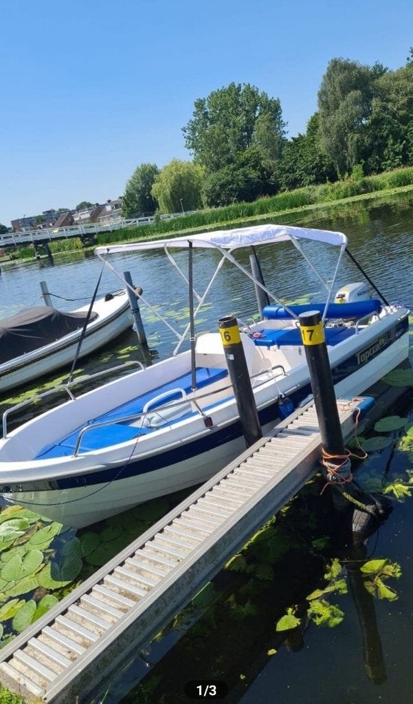 Topcraft Futura 430 + (kantel)trailer + Honda15PK, Watersport en Boten, Gebruikt, 15 pk, Buitenboordmotor, Polyester