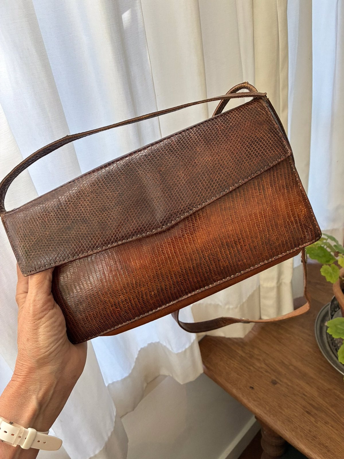 Vintage damestas slangenleer, Ophalen of Verzenden, Gebruikt, Bruin, Schoudertasje