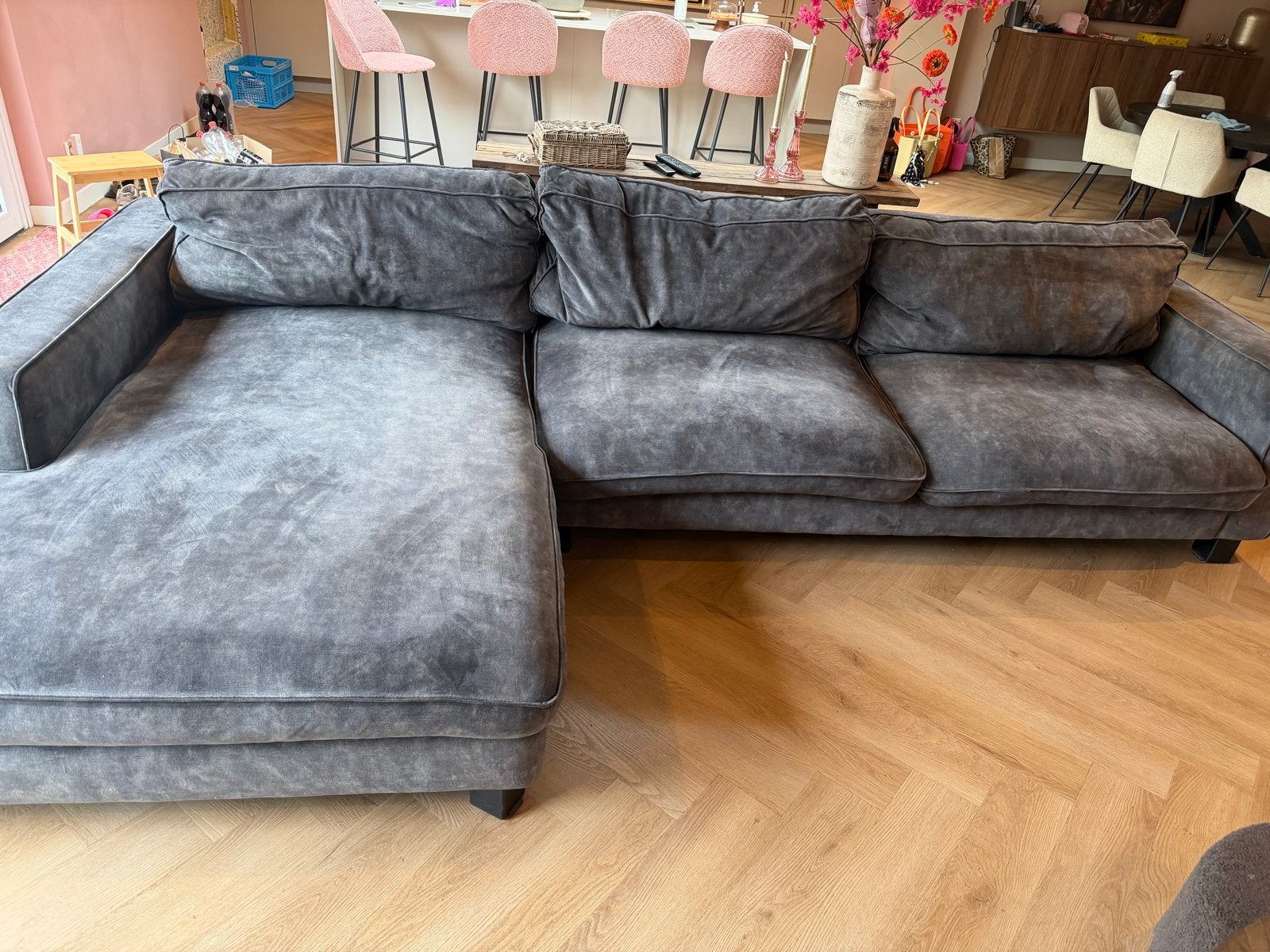 Mooie grijze lounge bank - Comfortabel en stijlvol, Ophalen, Gebruikt, Hoekbank, 300 cm of meer
