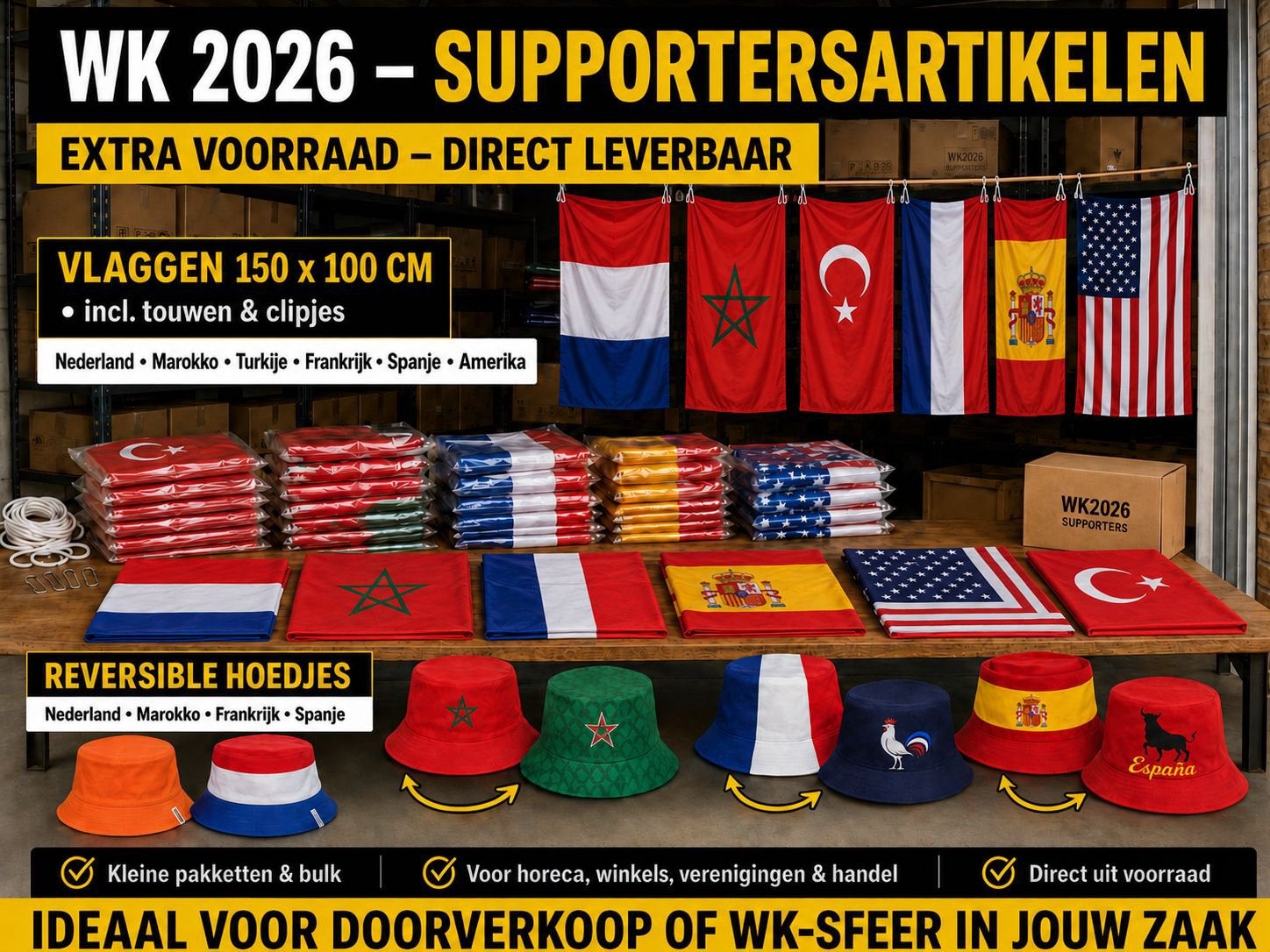 WK 2026 vlaggen & reversible hoedjes – direct leverbaar, Ophalen of Verzenden, Textiel