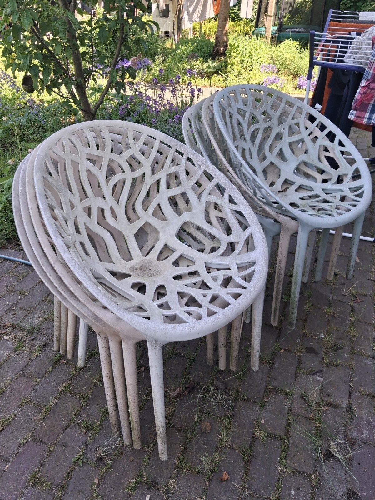 Set van 8 kunststof tuinstoelen met boomstructuur, Ophalen, Gebruikt, Kunststof, Stapelbaar