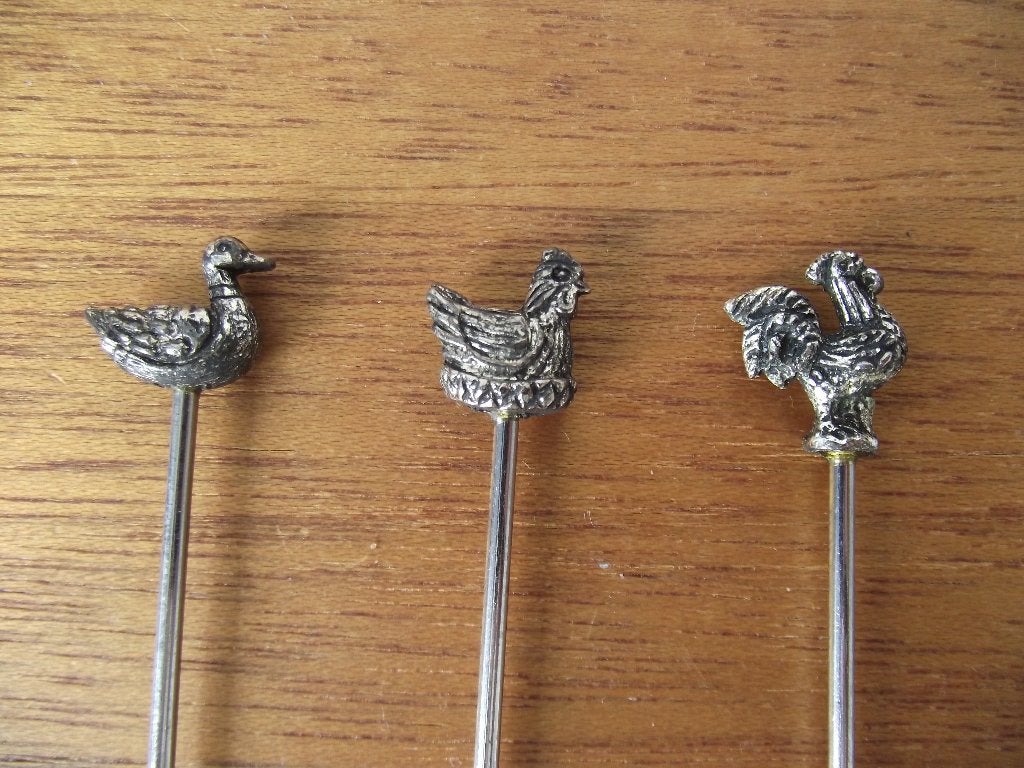 3 vintage metaal cocktailvorkjes 9 cm kip haan eend p  stuk, Ophalen of Verzenden