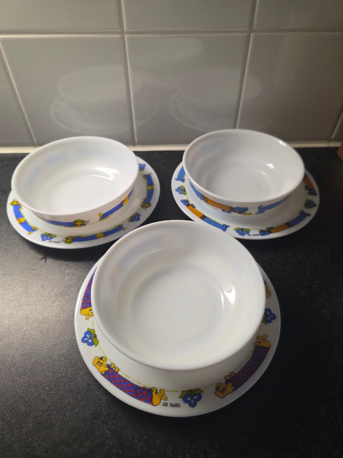 6 delig Arcopal Topsi 60 servies, jaren '70, teckel, Overige merken, Overige typen, Ophalen of Verzenden, Overige stijlen