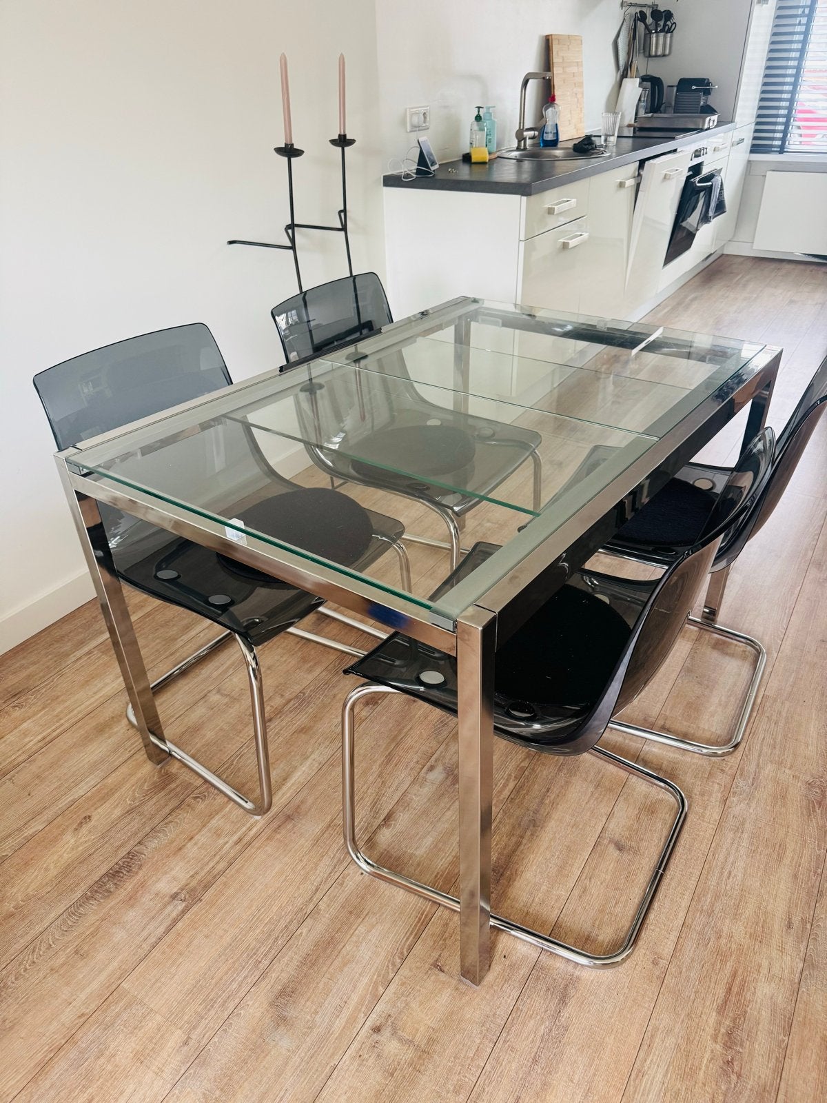 Uitschuifbare glazen eettafel - 120x84 cm, Ophalen, Gebruikt, 100 tot 150 cm, 50 tot 100 cm