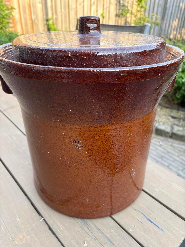 Antieke aardewerken zuurkool inmaak pot met deksel, Antiek en Kunst, Ophalen
