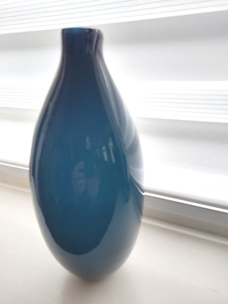 Mondgeblazen petrol blauwe vaas - ca. 30 cm hoog, Ophalen of Verzenden