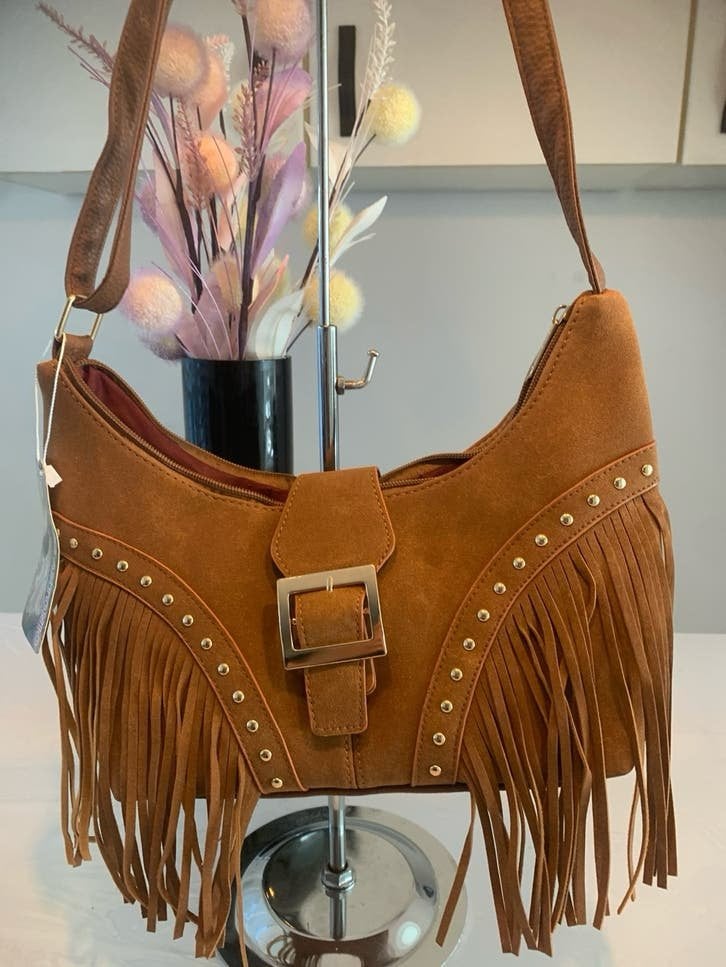 Stijlvolle handtas met franjes en studs, Ophalen of Verzenden, Nieuw, Bruin, Handtas