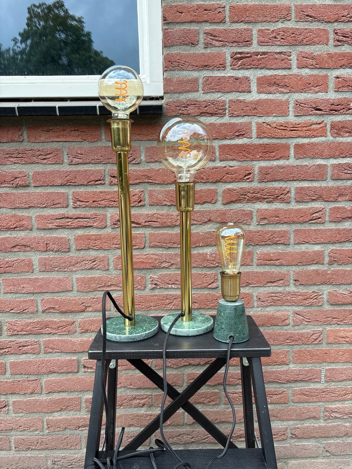 Set van 3 messing en marmeren tafellampen met Edison lampen, Ophalen, Dimbaar, E27 (groot), Metaal