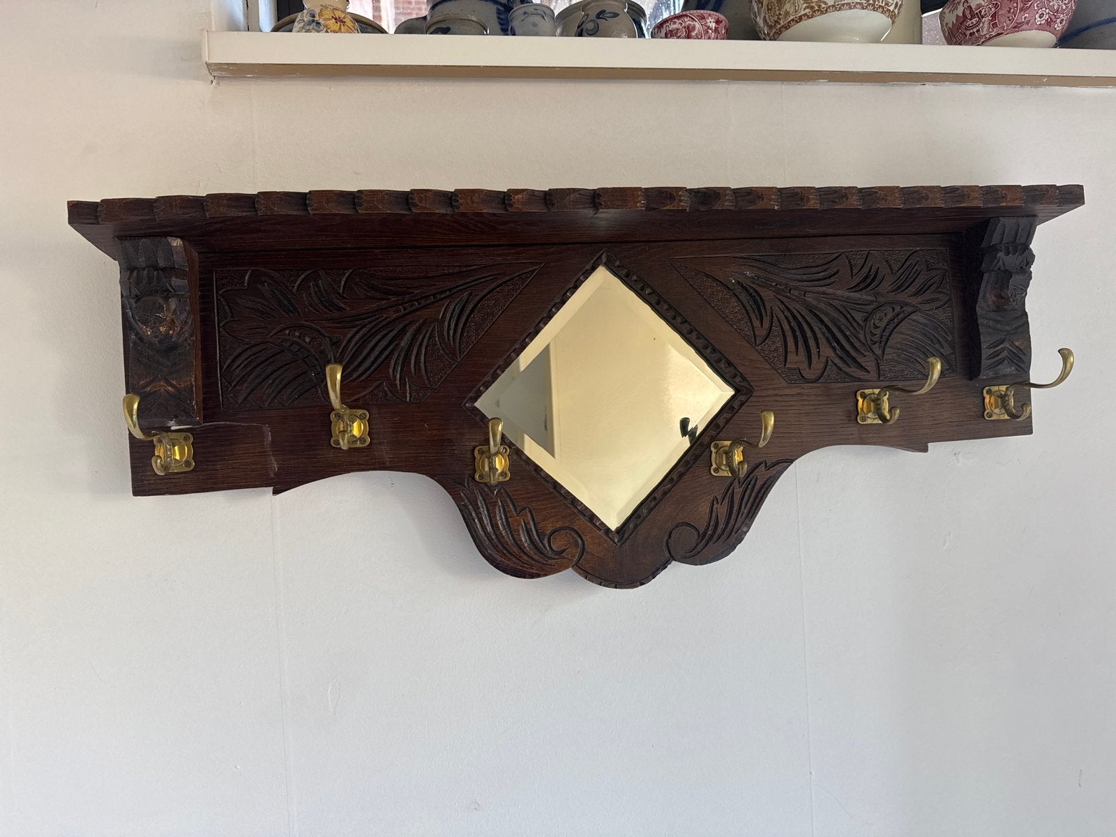 Antieke houten wandkapstok met spiegel en koperen haken, Gebruikt, Minder dan 100 cm, Hout, Ophalen