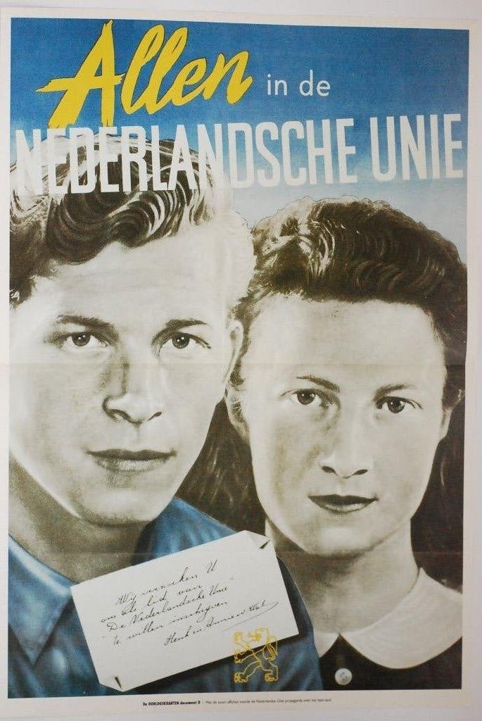 Allen in de Nederlandsche Unie - Heruitgave poster WOII, Zo goed als nieuw, Verzenden, Amsterdam, Overige soorten