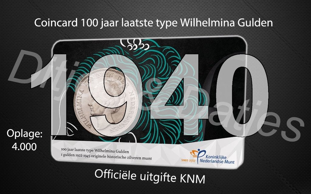 Laatste type Wilhelmina Gulden in coincard KNM 1940, Ophalen of Verzenden, Koningin Wilhelmina, 1 gulden, Zilver
