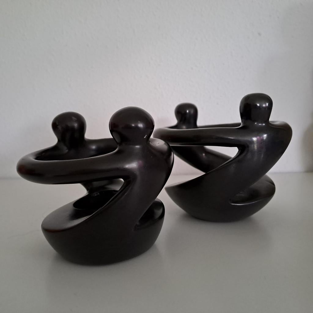 Set van 2 spekstenen kandelaars in menselijke vorm, Huis en Inrichting, Woonaccessoires | Kandelaars en Kaarsen, Gebruikt, Zwart