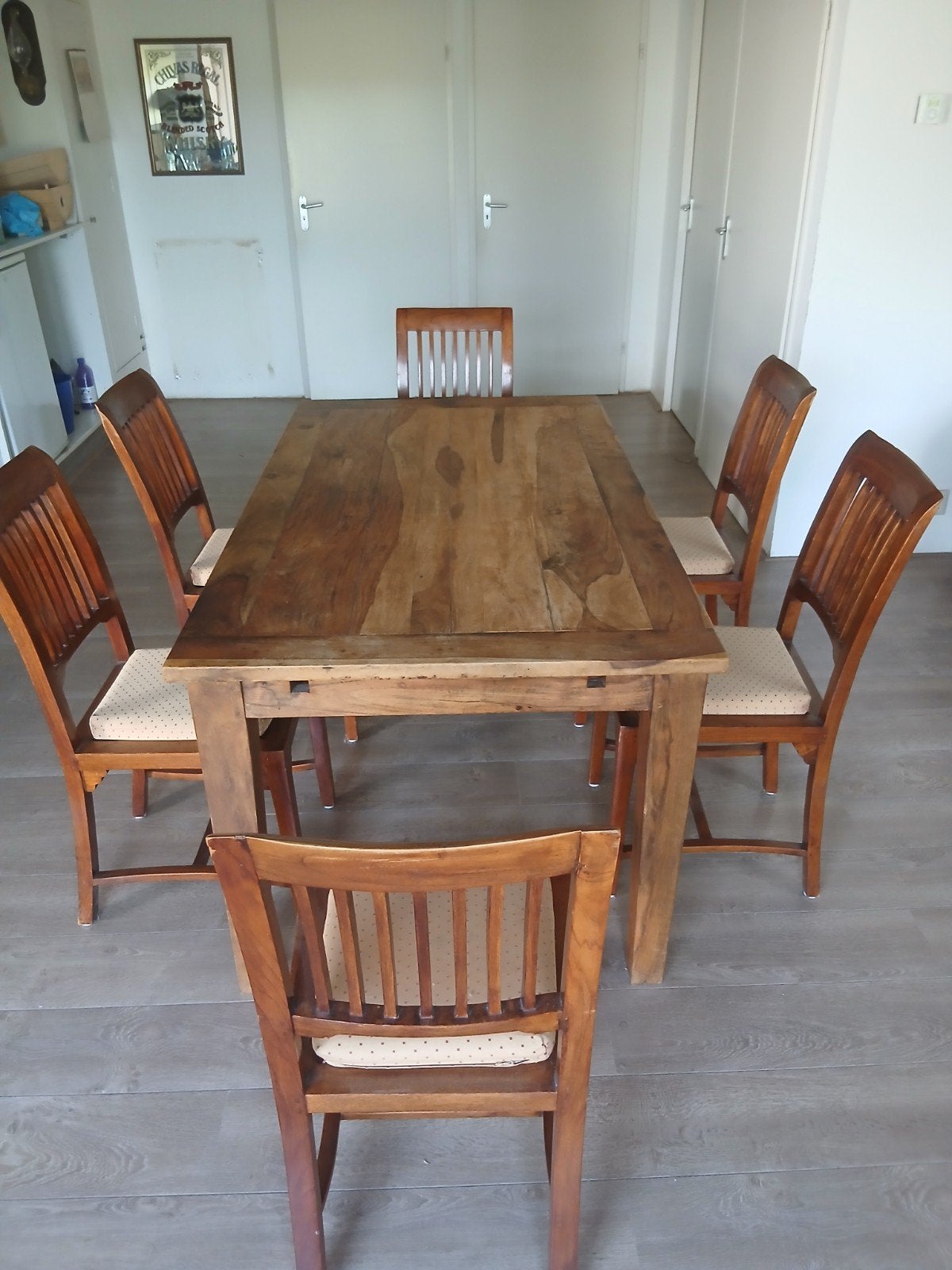 Teak hardhouten eettafel met 6 stoelen, Ophalen, Gebruikt, Teakhout, 200 cm of meer