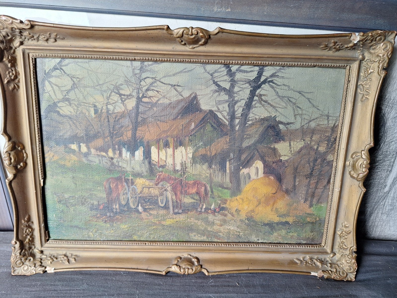 Oud Hollands Tafereel: Paarden en Kar op het Platteland, Antiek en Kunst, Kunst | Schilderijen | Klassiek, Ophalen of Verzenden