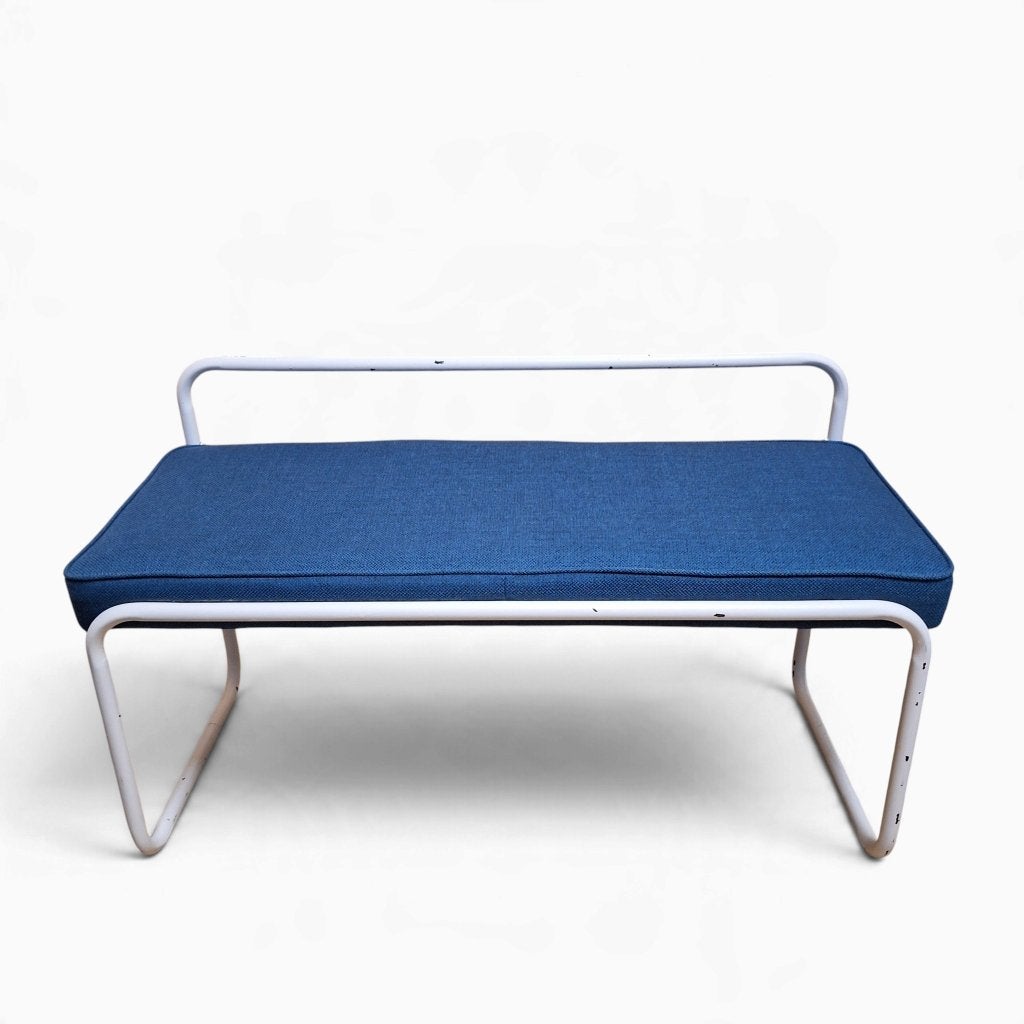 Vintage bankje met blauwe stoffen bekleding, Ophalen, Gebruikt, Minder dan 75 cm, Onbekend