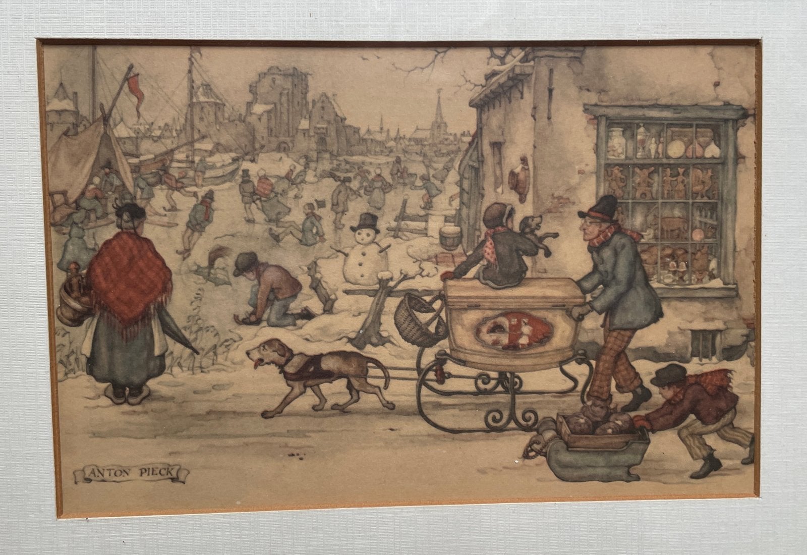 2 Anton Pieck prenten: Wintertafereel & Bloemenmarkt 16x11cm, Antiek en Kunst, Klassiek, Print, Ophalen, Achter glas