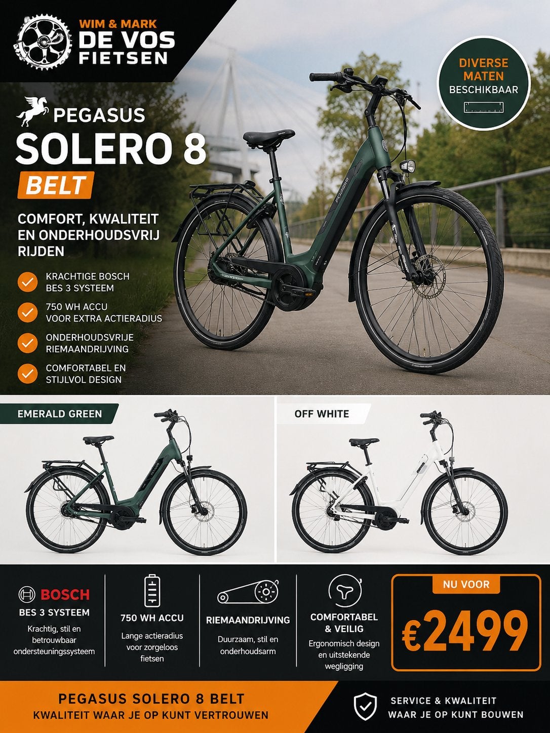 Pegasus Solero 8 Belt E-bike - Emerald Green & Off White, Ophalen, Nieuw, 50 km per accu of meer, Overige merken