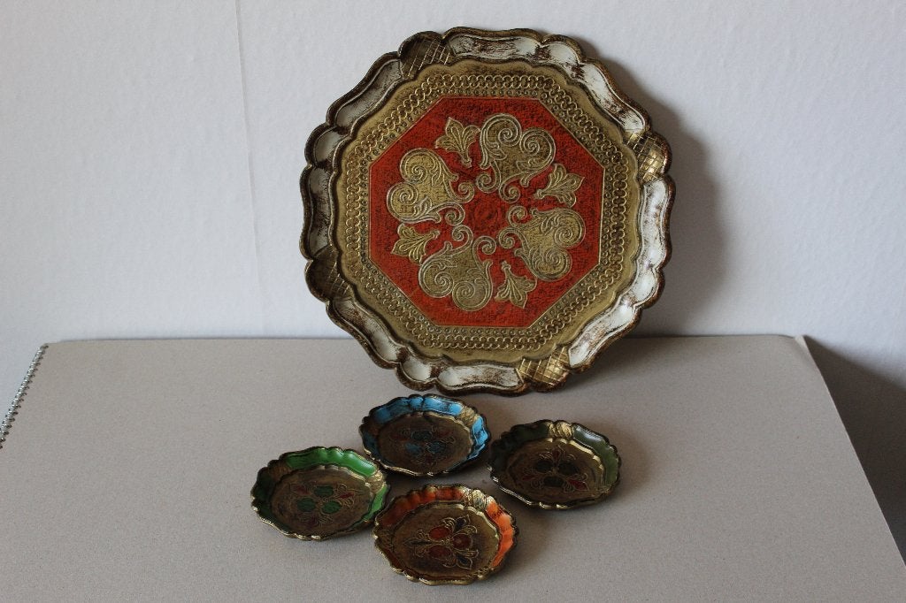 Florentijns Dienblad met 4 Onderzetters - Italië, Huis en Inrichting, Woonaccessoires | Dienbladen, Gebruikt, Handgemaakt, Rond