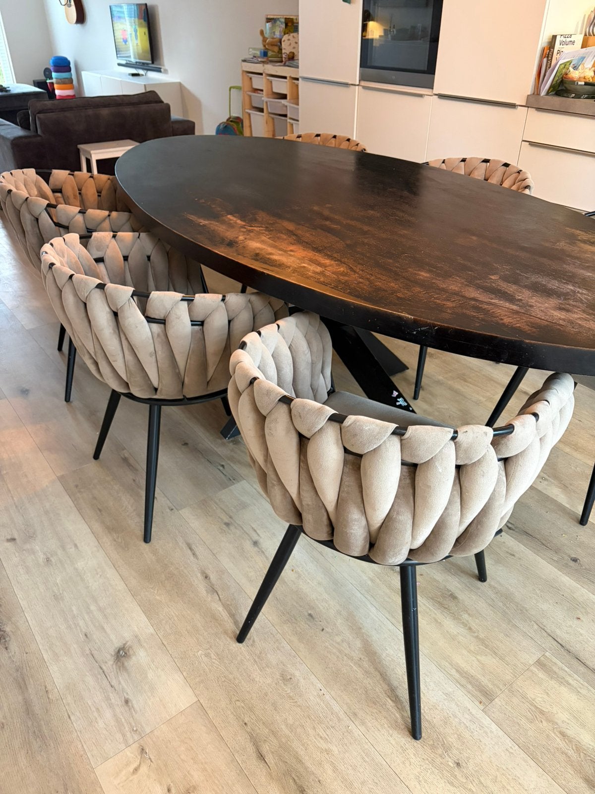 Ovale mangohouten eettafel 240x110 cm + 6 stoelen, Huis en Inrichting, Ophalen, 100 tot 150 cm, 200 cm of meer, Zo goed als nieuw