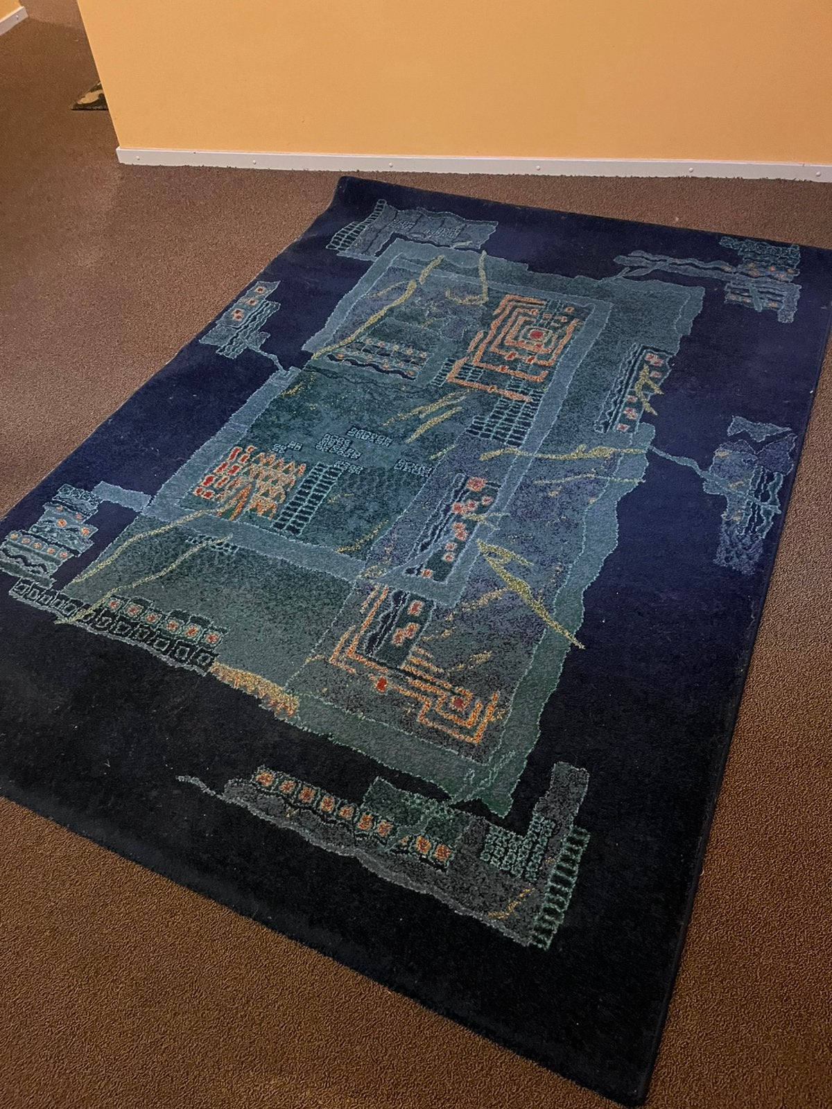 Prachtig dik zuiver wollen tapijt blauw groen, Ophalen, Blauw, 200 cm of meer, Zo goed als nieuw