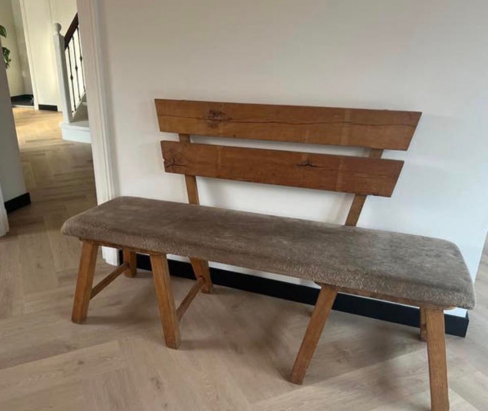 Uniek bankje: eikenhout met gymbok zitting, Ophalen, Gebruikt, Tweepersoons, Minder dan 150 cm