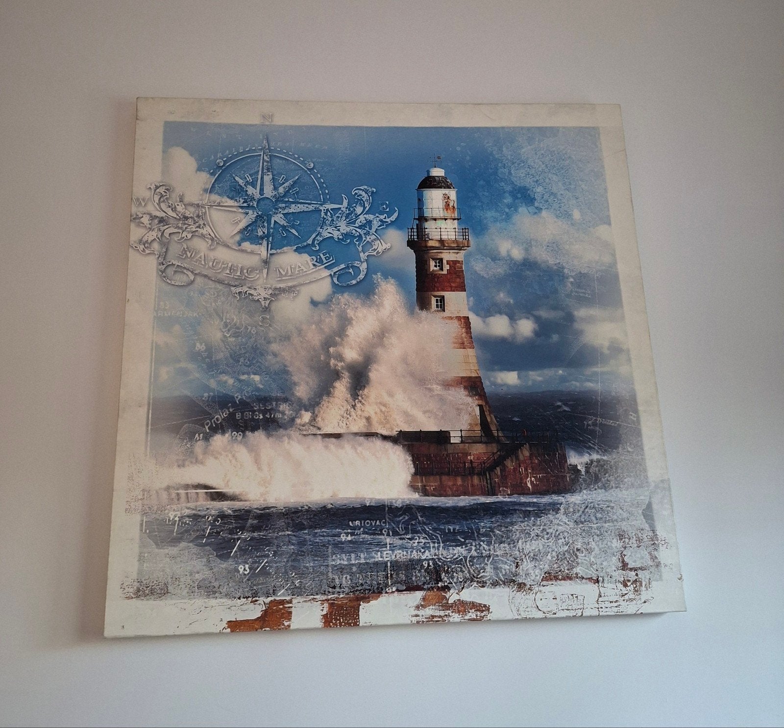 Groot schilderij met vuurtoren en woeste zee, Huis en Inrichting, Woonaccessoires | Schilderijen, Tekeningen en Foto's, Ophalen
