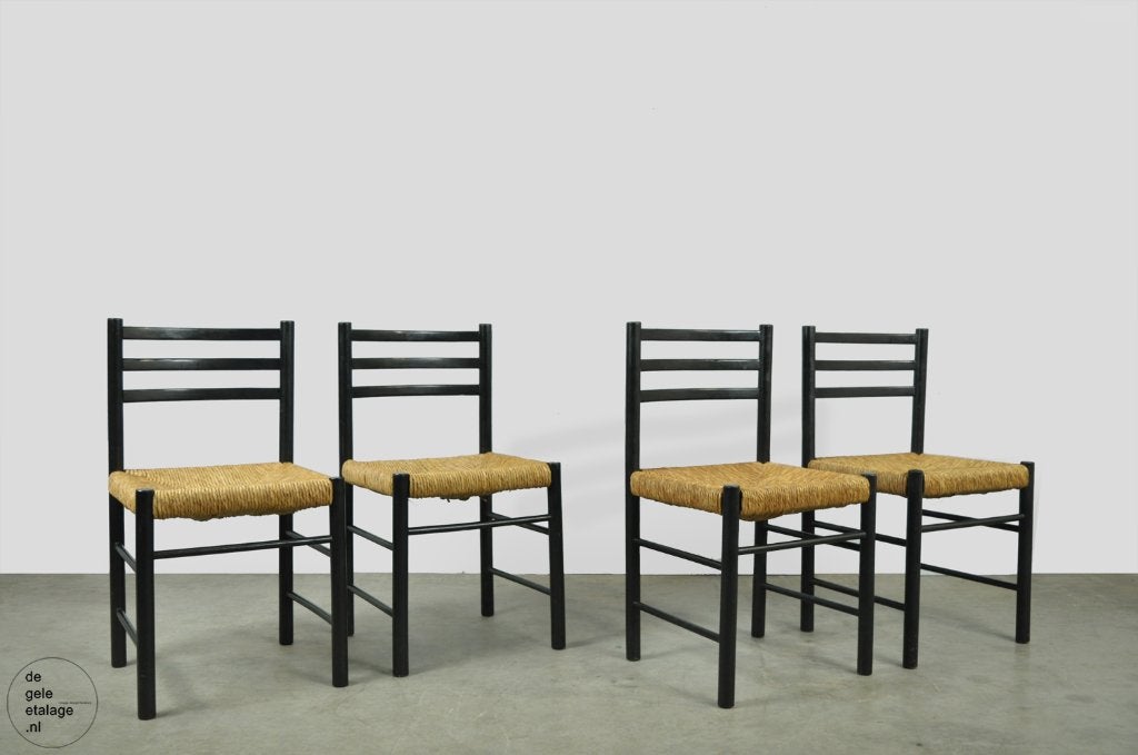 MID-CENTURY moderne eettafelstoelen biezen zitting, 1960s, Gebruikt, Mid century modern, Zwart, Vier