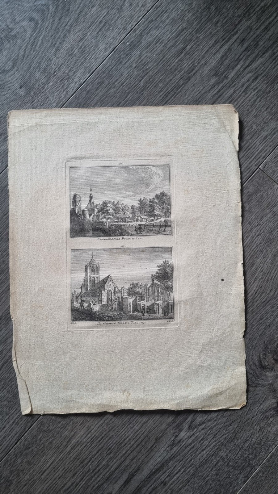 Kleibergsche Poort & Grote Kerk Tiel 1742, Stadsgezicht, Ophalen of Verzenden, 1700 - 1799, Origineel