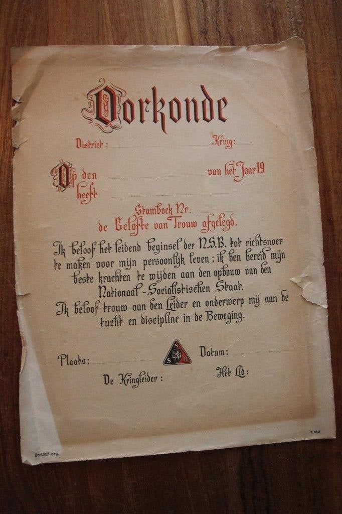 Originele NSB oorkonde belofte van trouw blanco exemplaar, Ophalen of Verzenden, Landmacht, Nederland, Foto of Poster