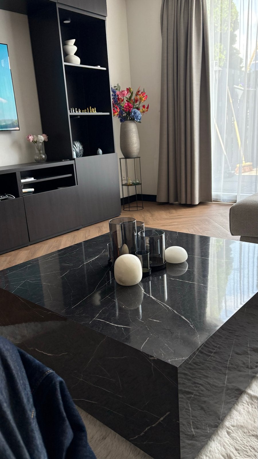 Salontafel marmerlook zwart 90x90x35 cm, Overige materialen, Vierkant, Zo goed als nieuw, 50 tot 100 cm