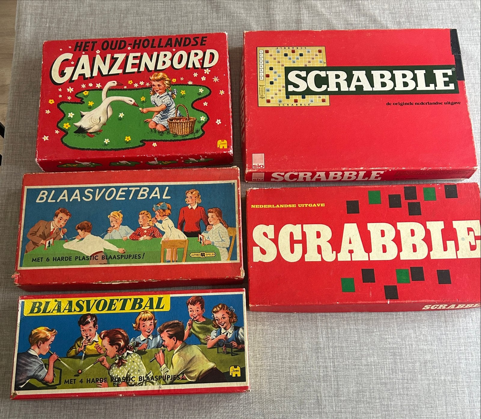 Vintage Spellenpakket: Ganzenbord, Scrabble, Blaasvoetbal, Drie of vier spelers, Ophalen of Verzenden, Gebruikt