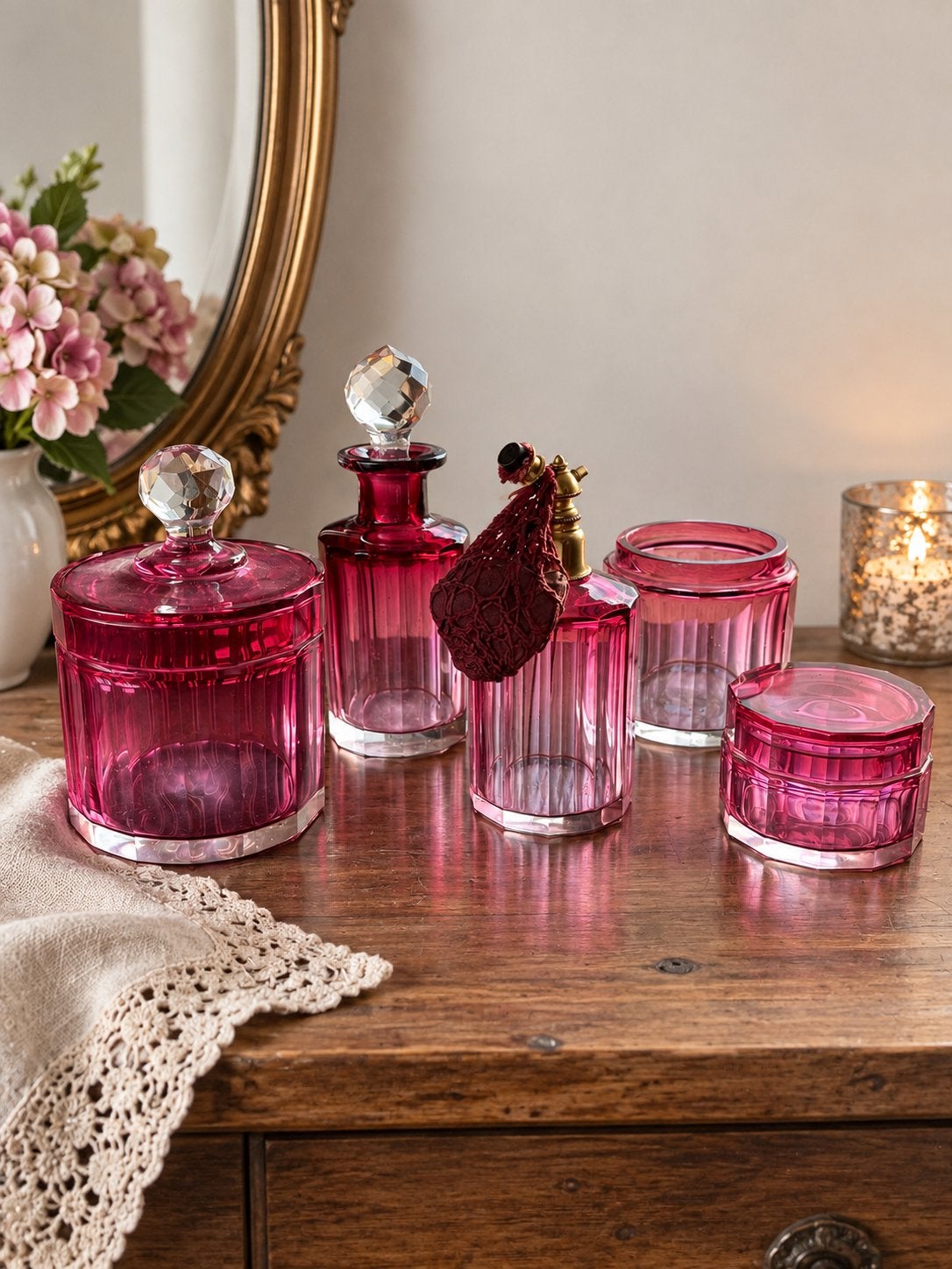 5-delige vintage roze glazen kaptafelset – Art Deco, Verzenden