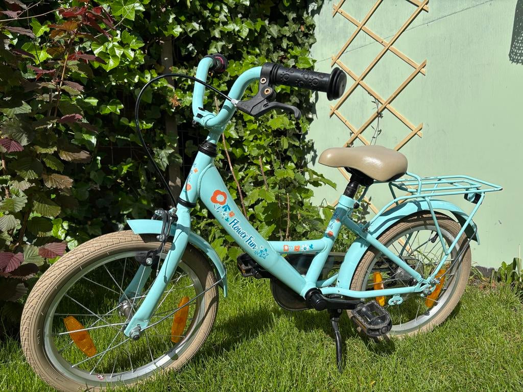 Kinderfiets 16 inch - lichtblauw - Flower Fun, Ophalen, Terugtraprem, Gebruikt, Handrem