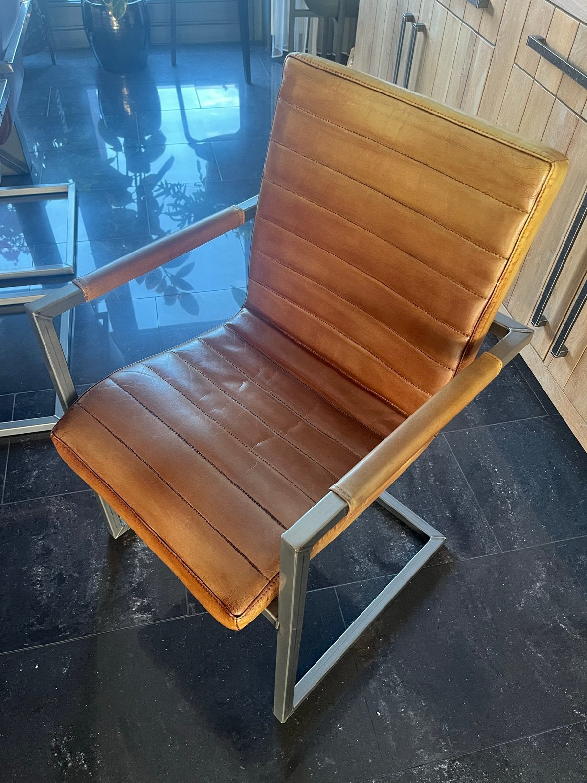 6 comfortabele leren eetkamerstoelen, Ophalen, Gebruikt, Bruin, Leer