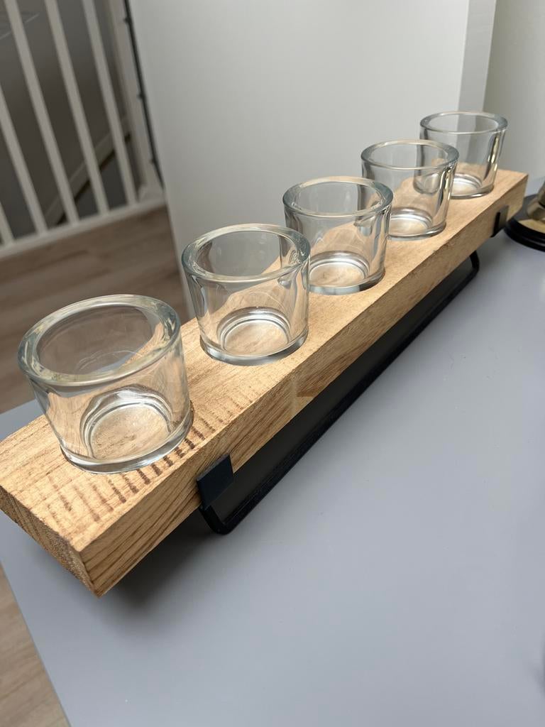 Waxinelichthouder van hout met 5 glazen houders, Huis en Inrichting, Woonaccessoires | Kandelaars en Kaarsen, Ophalen, Gebruikt