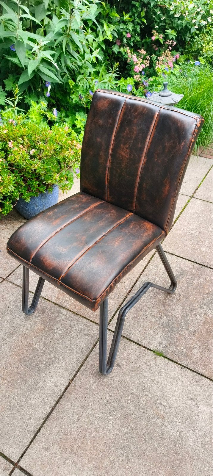 4 Industriële eetkamerstoelen, bruin leerlook, metalen frame, Ophalen, Gebruikt, Bruin, Vier