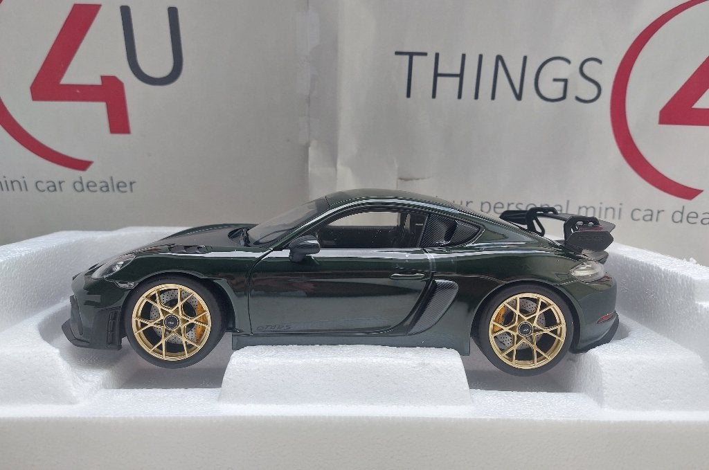 Norev 1:18 Porsche Cayman GT4 RS Weissach 2023 donkergroen, Hobby en Vrije tijd, Ophalen of Verzenden, Nieuw, Auto, Norev