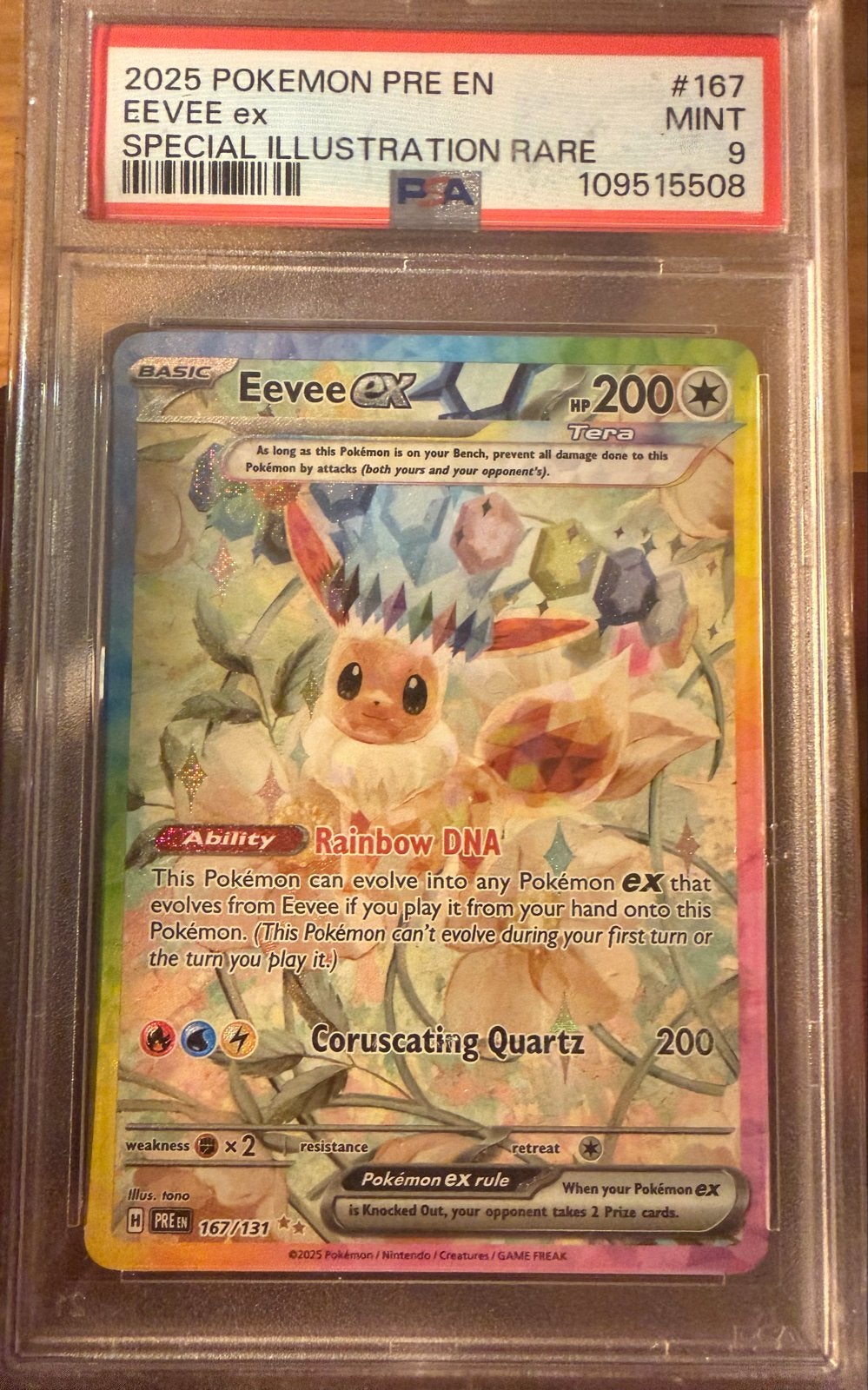 Pokémon Eevee ex Special Illustration Rare PSA 9, Hobby en Vrije tijd, Ophalen of Verzenden, Zo goed als nieuw, Losse kaart